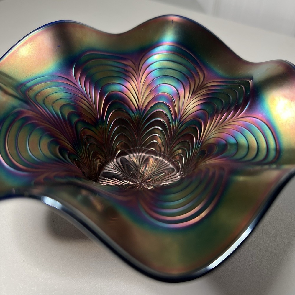 Vtg Fenton Peacock Tail Carnival Glass Ruffled Bowl Blue Iridescent Unmarked 6"